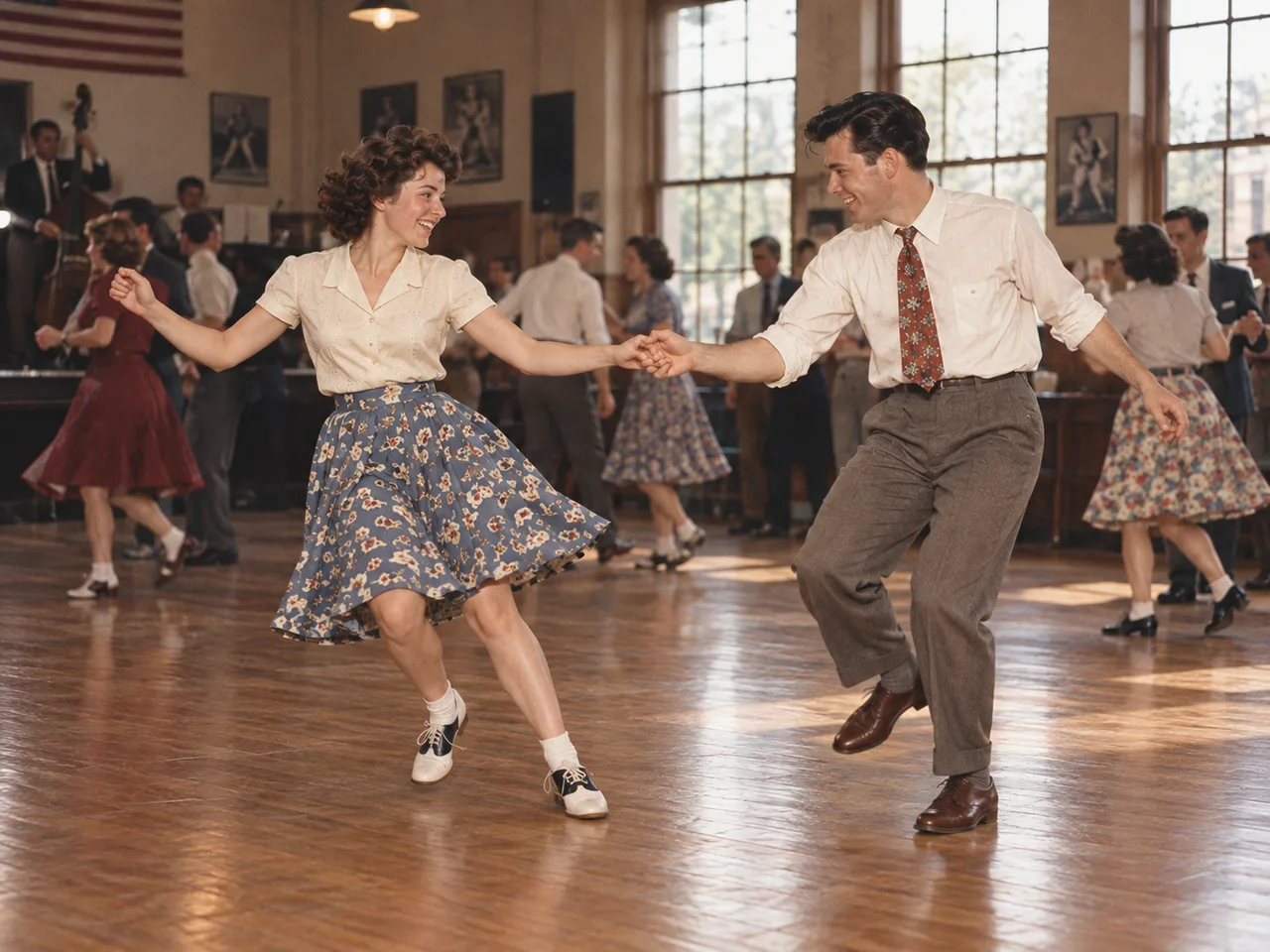 Swing dancers practising together in a bright hall