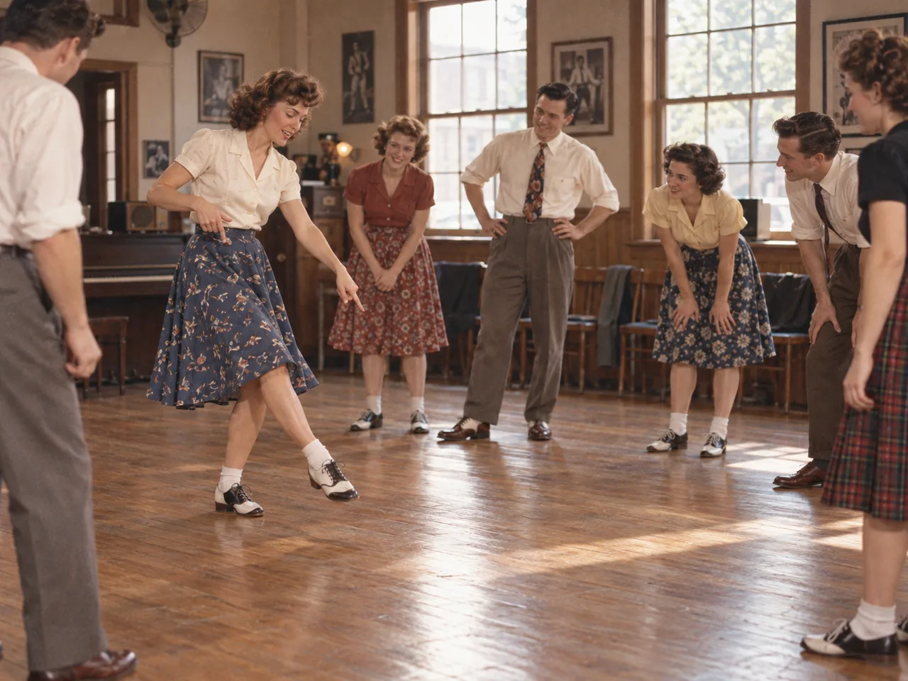 A teacher demonstrates a solo step to a group of dancers