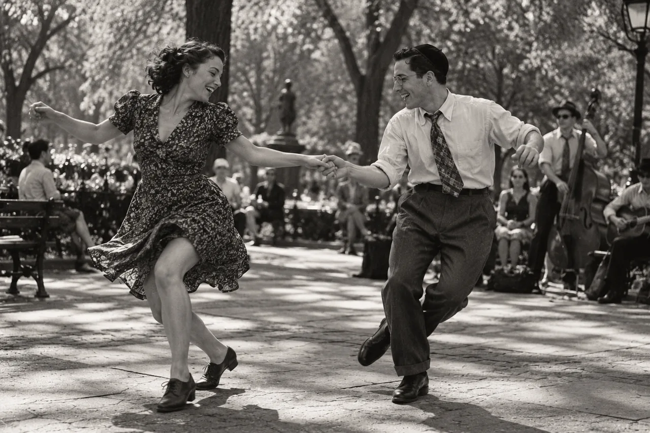 A couple dances in a park with musicians in the background