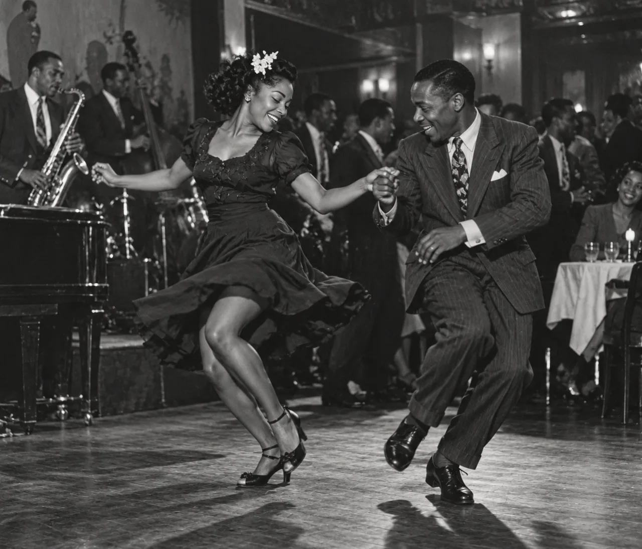 A couple dances beside a jazz band in a club
