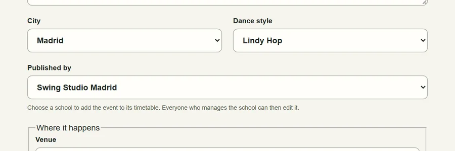 New event form with “Published by” set to the school